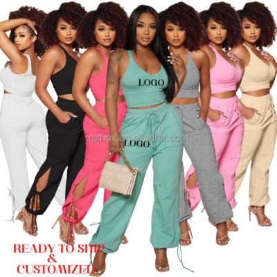 China Anti-pilling High Quality Ready To Ship Or Customized Your No LOGO Women Sets Split Bandage Hollow U Neck Sleeveless Two Pieces Pants Set for sale