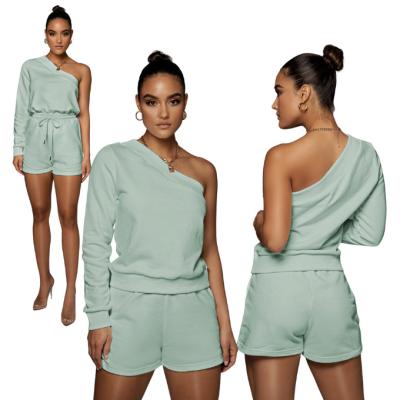 China Casual Fashion Women Anti-pilling One-shoulder Long Sleeve Pullover Sweatsuit Short 2 Piece Outfits Sets for sale