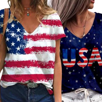 China Anti-Wrinkle USA Flag Element Summer High Quality Print Tops Classic Short Sleeve Trend Women T-Shirts Casual V-Neck T-shirt Tops for sale