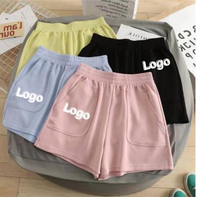 China Anti-Wrinkle Wholesale Customized Your LOGO Elastic Waist Fashion Women Shorts Cotton Loose Shorts With Pockets for sale