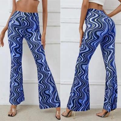 China Wholesale Anti-Wrinkle Women Flared Pants Water Ripple Print Elastic Waist Yoga Pants Bell Bottom Casual Pants for sale