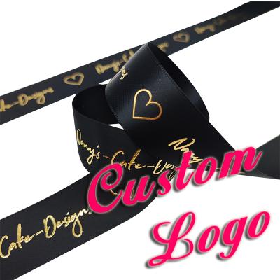 China Floral Custom Ribbon With Logo Brand Gold Foil Printed Satin Grosgrain Gift Ribbon Bows Printing for sale