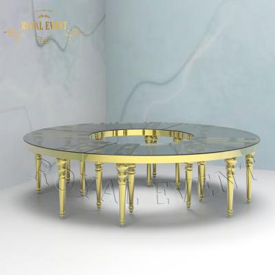 China Modern luxury round gold glass top stainless steel moon dining table love wedding event tables for sale