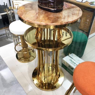 China Wedding event /party gold stainless steel romantic marble top pedestal around cylinder bar table for sale