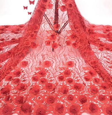 China New Fashion Elegent Lace Hot Selling 3d Viable Red French Flower Lace French Lace With Embroidery for sale