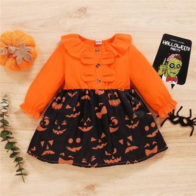 China Long Sleeve Pumpkin Color Halloween Baby Winter Casual Outfit Kids Boutique Dress Clothes for sale