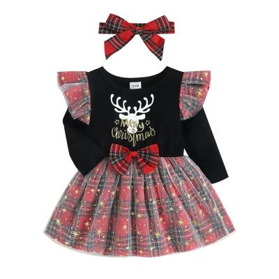 China Anti-wrinkle Christmas Kids Babies Clothes Dress Christmas Merry Christmas Print Deer Lace Up Tutu Dresses for sale