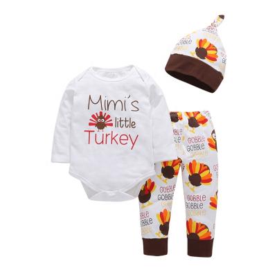 China Plain Long Sleeve Baby Romper Set With Hat Customize Full Chain Baby Fabrics Sets Kids 3 Piece Baby Clothes for sale