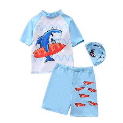 China Summer Breathable Hot Selling Children 3 Pieces Dinosaur Cartoon Swimsuit Boys Swimming Hat Trunks Swimwear Set for sale