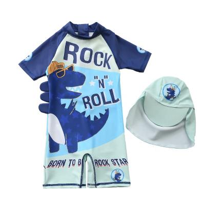 China Breathable Boys Swimwear Set Dinosaur Cartoon Sublimation Swimwear With Hat Two Piece Short Sleeve Summer Swimwear for sale