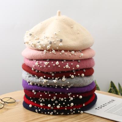 China Vintage Outdoor Wholesale Wool Berets Hat Fashionable Pearl Wool Berets For Adults Hat for sale