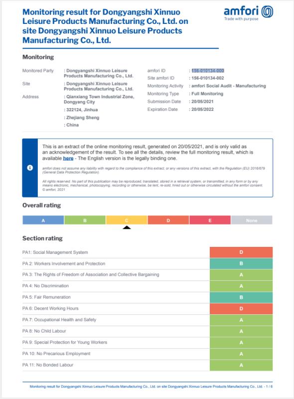 BSCI - Dongyang City Sino Leisure Products Manufacturing Co., Ltd.