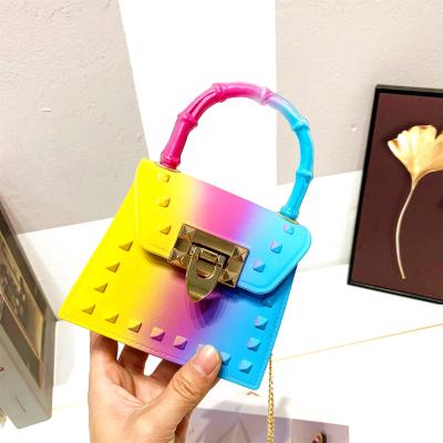 China 2021 New Arrival Fashion Candy Color Rivet PVC Ladies Chain Cute Mini Bags Women Freeze Purse Handbag With Acrylic Handle for sale