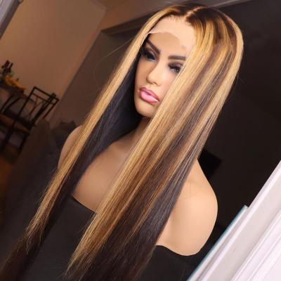 China 100% Medium Silky Straight Virgin Human Hair Silky Straight Human Hair Highlight Color T Piece 13*4*1 T Piece Highlight Lace Front Wig for sale