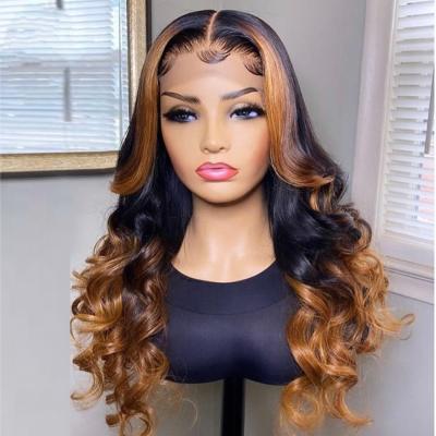 China Remy Human Hair Long Wave Highlight Body Wave T Piece Wig Mixed Color Medium Lace Front Wig 13*4*1 T Piece for sale