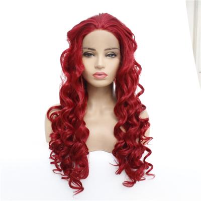 China Regular Red Synthetic Lace Wig Loose Body Wave Hair Heat Resistant Fiber for sale