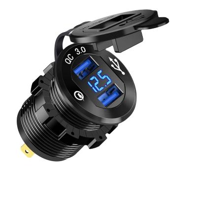 China Aluminum Alloy + PVC Dual USB QC 3.0 Car Charger Socket Alumium Power Outlet With Digital Voltage Display For Car Boat Motorcycle Bus Truck car 12V/24V for sale