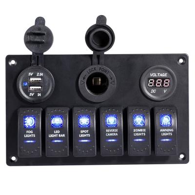 China Marine Boat Car Rv Vehicles Waterproof Auto Boat LED Panel Rocker Switch 6 Band Marine Switch with Dual USB Voltmeter for Car Truck for sale