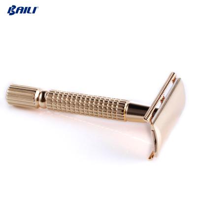 China Barber Razor Mens Stainless Steel Safety Razor Rose Gold 3 Pieces Head Double Edge Safety Razor for sale