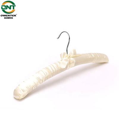 China Traditional Cream Satin Padded Covered Dress Hanger Cloth Coat Hanger Wholesale Wedding for sale