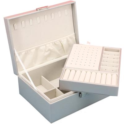 China Durable new double-layer leather material portable simple jewelry box with lock jewelry box storage box for sale