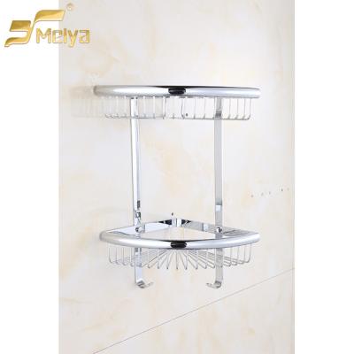 China Eco-friendly Wall Mounted Two Tier Brass Metal Bathroom Corner Wire Shampoo Rack With Hooks for sale