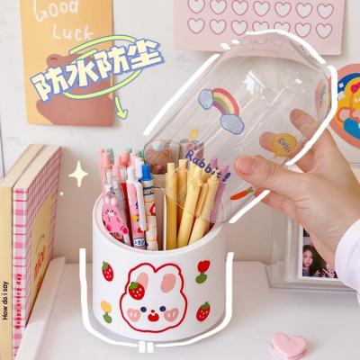 China Creative Rotating Pen Holder Kids Pen Holder Desktop Dustproof Transparent Storage Box for sale