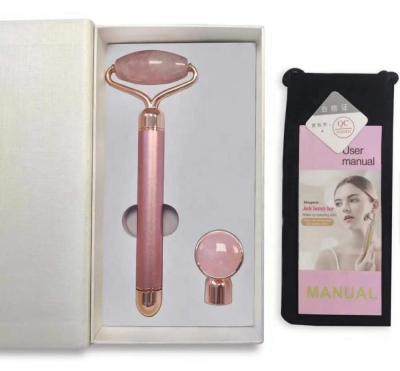 China 2020 Amazon Face 2 in 1 Rose Quartz Jade Roller Electric Anti Aging Vibrating Facial Roller Custom for sale