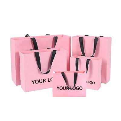 China Recyclable Custom Your Own Logo Printed Black Pink Luxury Boutique Tote Gift Paper Bags With Grosgrain Ribbon Shopping Handles for sale