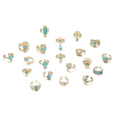 China High Quallity Wholesale 20-Piece Retro Bohemian Style Open Ring Set New Crown Eagle Turquoise for Wedding Engagement or Gift for sale