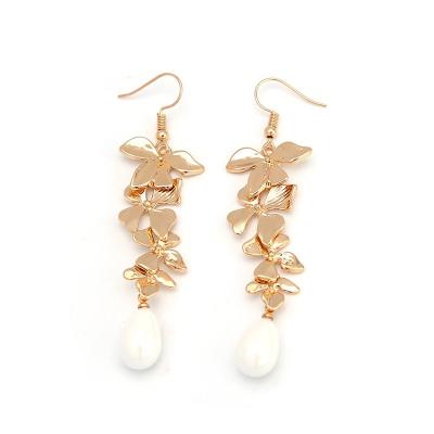 China Decoration Bohemian Style Long Earrings with Golden Petal and Pearl Dangles Unique Niche Design for Versatile Use for Weddings Parties for sale