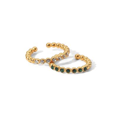 China TRENDY Dainty 18K gold Plated Thin Bead Green Zircon Ring Jewelry Stainless Steel Zirconia Paved Bead Open Ring for sale