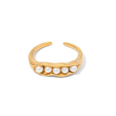 China TRENDY Dainty 18K Gold Plated Stainless Steel Pea Pods Design White Pearl Adjustable Rings For Women for sale