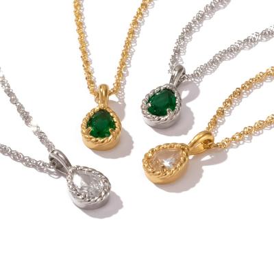 China TRENDY Waterproof 18K Gold Plated Stainless Steel Twist Chain Water drop Design Green Clear Cubic Zircon Pendant Necklace for sale