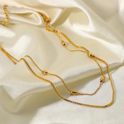 China TRENDY Hot sale 18k Gold Small Stainless Steel Double Layered Necklace Collar Oval Ball Beads Chain Choker Necklace for sale