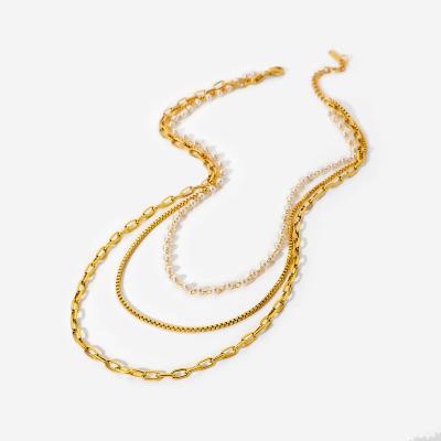 China TRENDY Hot sale 18k Gold Multi Layer Necklace Pearl Collar Stainless Steel Link Chain Choker Necklace for sale