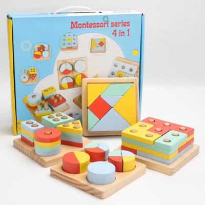 China Amazon Early Education Best Selling Colorful Wooden Geometric Blocks Stacking Game Toys Children Early Train Montessori Cognitive Toys for sale