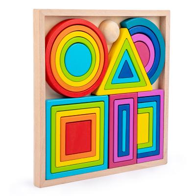 China Building Block Toys New Big Brain Geometric Shape Rainbow Wooden Montessori Toys Set With Box for sale