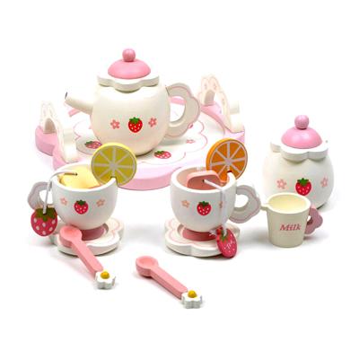 China Eco-Friendly Wooden Girls Kitchen Strawberry Tea Set Kids Afternoon Tea Set Play House Pink Afternoon Tea Toy for sale