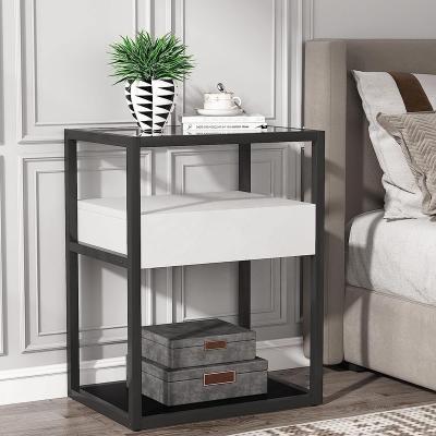 China Tribesigns Modern Single Bedside Table Light Weight Storage And Tempered Glass With Drawer And Shelf Nightstands Living for sale