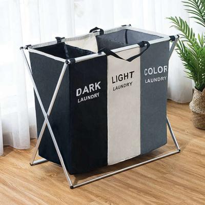 China Folable 1PC Retail Foldable Dirty Laundry Hamper Organizer X-shape Printed 3 Grid Folding Laundry Hamper Sorter Laundry Home Hamper for sale