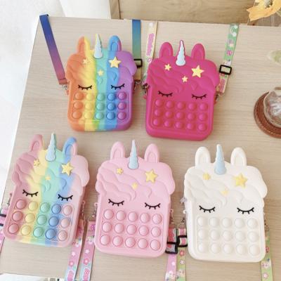 China Hot Selling Noise Waterproof Large Silicone Children Decompression Coin Purse Puzzle Bubble Pushing Unicorn Crossbody Bag for sale