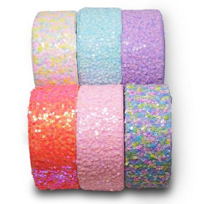 China Recyled 75mm Small Glitter Sequin Fabric Ribbon For Headband / Hair Bows Ribbons, Customize Color 25 yards per roll wholesale DIY for sale