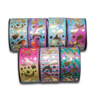 China New Arrival Recyled 75mm Hologram Gold Foil Grosgrain Ribbon Glow In The Dark For Hair Bows J1403879 for sale