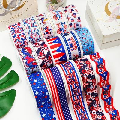 China Recyled Polyester Fabric 4th of July Patriotic Stars Heat Transfer Printing Customized Satin Grosgrain USA Flag Ribbon for sale