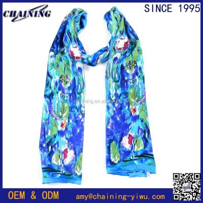 China Wholesale China Market 100% Silk Blue Oil Painting Chiffon Scarves Long Shawls for sale