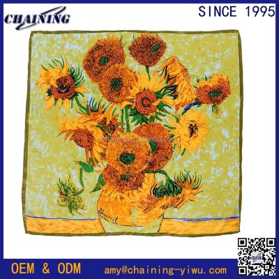 China Square Van Gogh Oil Painting Sunflowers Printed 90x90cm 100% Silk Women Square Scarf for sale