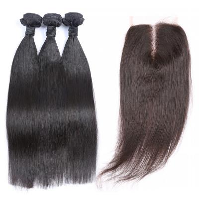 China Straight Natural Human Raw 100 Hair Brazilian Straight Hair 3 Bundles With Lace Closure for sale