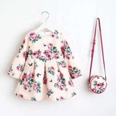 China Breathable Fashion Long Sleeve Dress Floral Print Girl Christmas Dress Kids Dress With Bag for sale