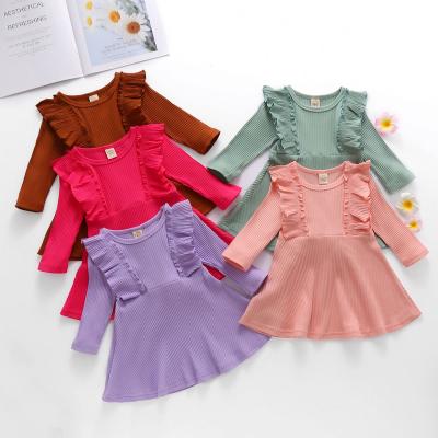 China Breathable Baby Toddler Kids Autumn Dress Ruffles Long Sleeve Solid Cotton Ruffle Party Casual Wear Clothes for sale